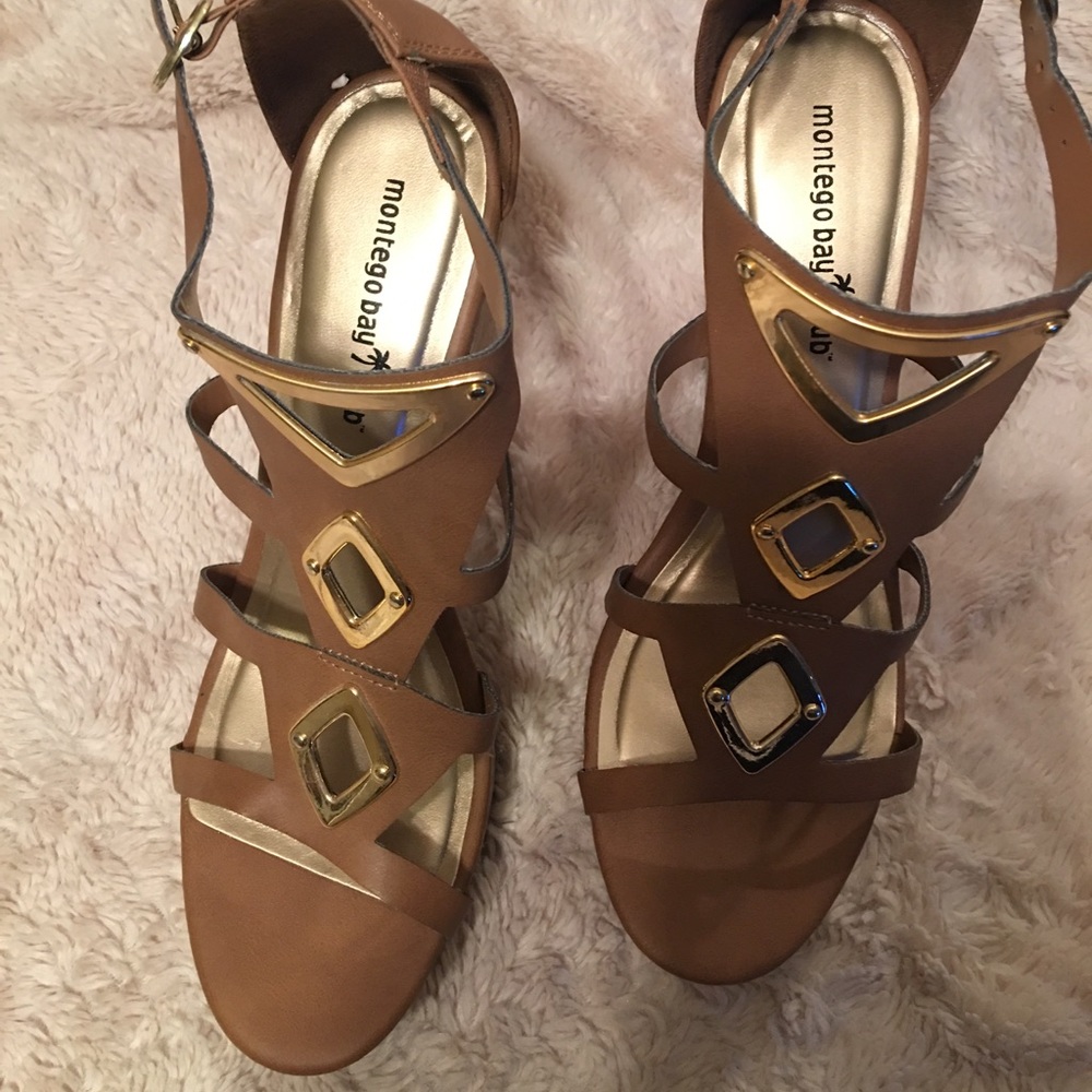 Tan and Gold wedge heels